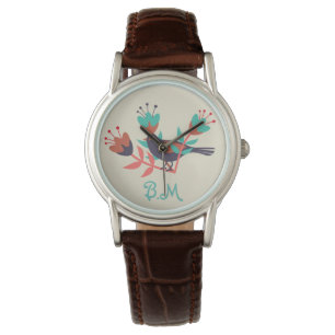 Reloj De Pulsera Ave de arte folclórico y monograma floral