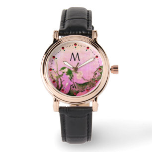 Reloj De Pulsera AVE DE PRIMAVERA,Monograma rosa negro ÁRBOL DE FLO