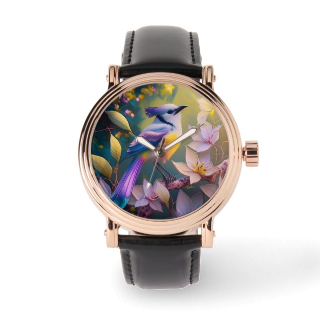 Reloj De Pulsera Ave Fantasía Amarilla Violeta Tufted (Anverso)
