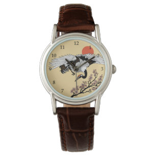 Reloj De Pulsera Ave grulla japonesa y sakura floreciente