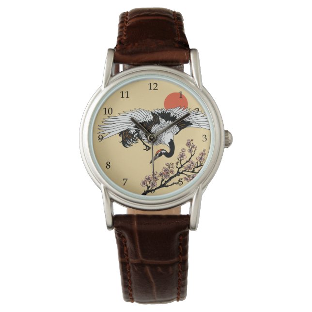Reloj De Pulsera Ave grulla japonesa y sakura floreciente (Anverso)