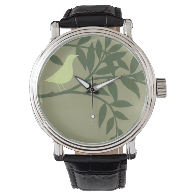 Reloj De Pulsera Ave verde encaramado en la rama verde (Anverso)