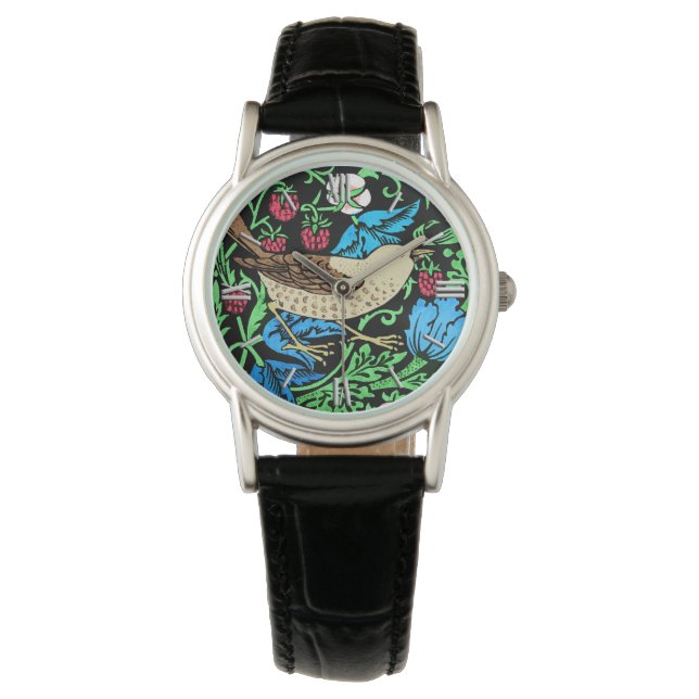 Reloj De Pulsera Ave y mosaico de flores William Morris, en negro (Anverso)