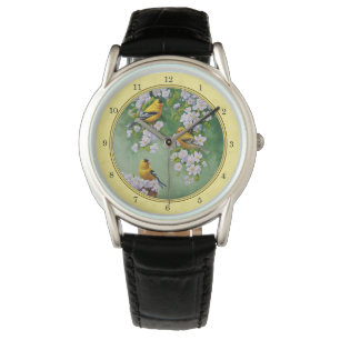 Reloj De Pulsera Aves de Goldfinch y flores de Apple amarillo