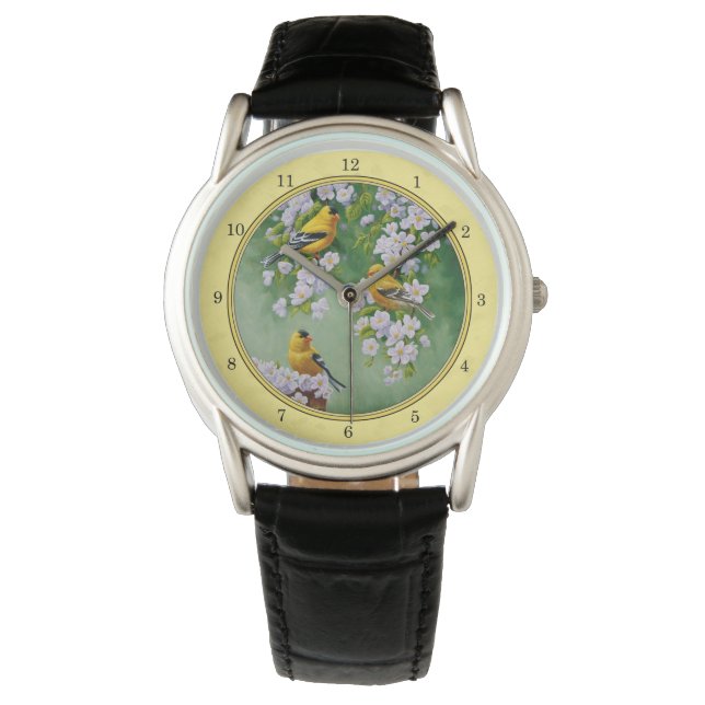 Reloj De Pulsera Aves de Goldfinch y flores de Apple amarillo (Anverso)