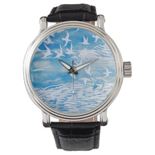 Reloj De Pulsera Aves de la Costa Azul Arte de acuarela moderna