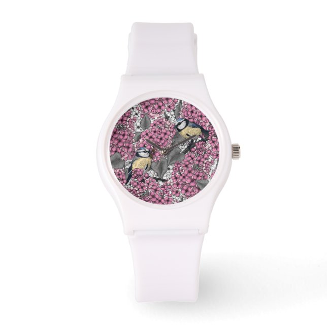 Reloj De Pulsera Aves en un jardín de lilas rosadas (Anverso)