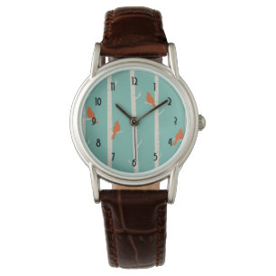 Reloj De Pulsera Aves retro Naranjas en el Ilustracion de los Birch