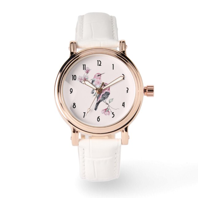 Reloj De Pulsera Aves rosadas y negras en una rama de árbol (Anverso)