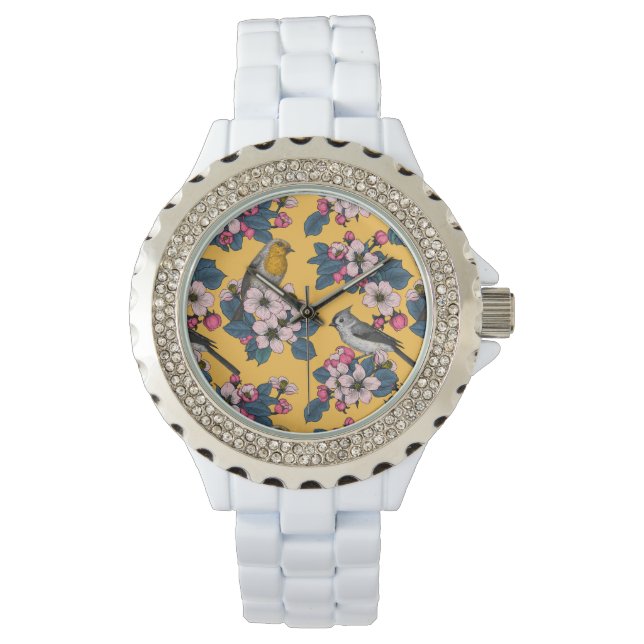 Reloj De Pulsera Aves y flores en amarillo (Anverso)