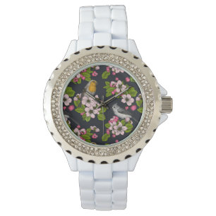 Reloj De Pulsera Aves y flores en negro