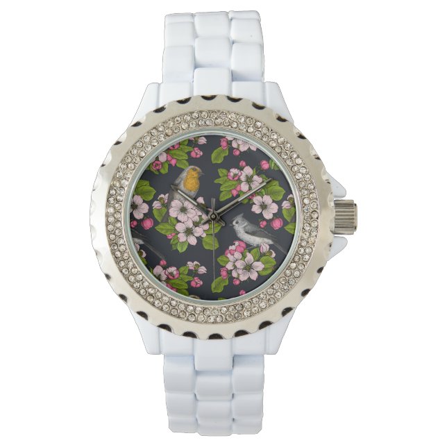 Reloj De Pulsera Aves y flores en negro (Anverso)