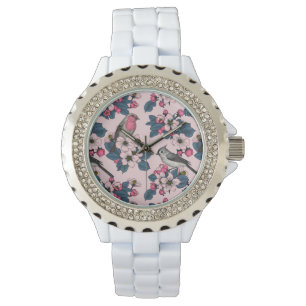 Reloj De Pulsera Aves y flores en rosa
