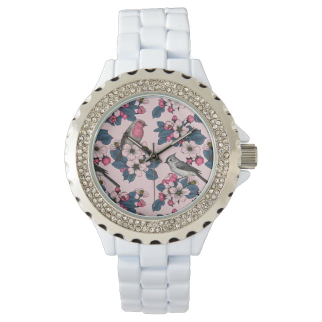 Reloj De Pulsera Aves y flores en rosa (Anverso)