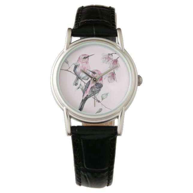 Reloj De Pulsera Aves y flores rosas en acuarela (Anverso)