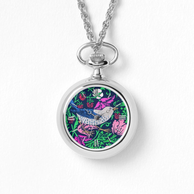 Reloj De Pulsera Aves y flores William Morris, Marina y Fuchsia (Anverso)