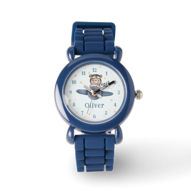 Reloj De Pulsera Aviación de aventuras Avión Cute Oso Azul (Anverso)