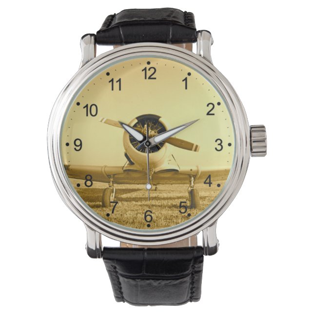 Reloj De Pulsera Avión antiguo Hélice dorada amarilla (Anverso)