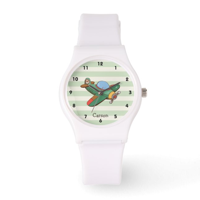 Reloj De Pulsera Avión de cosecha en franjas verdes pasteles (Anverso)