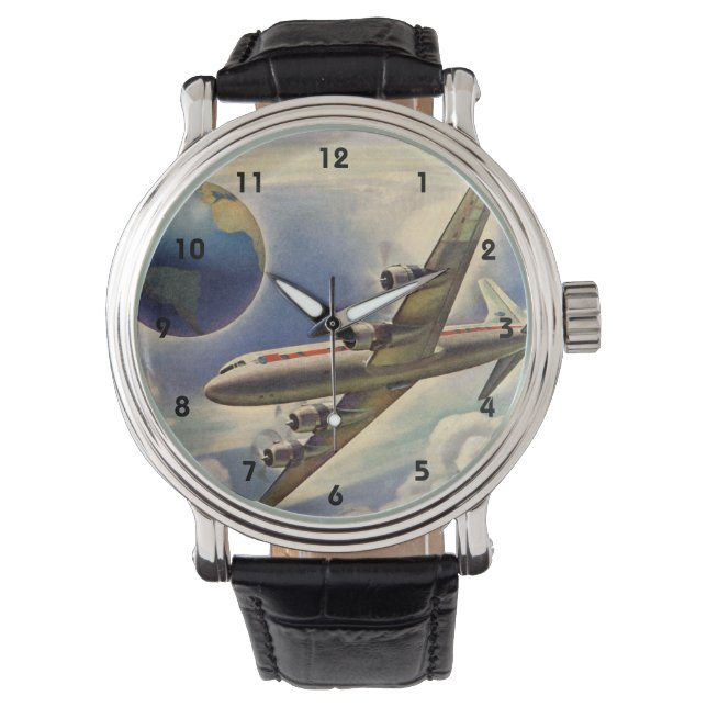 Reloj De Pulsera Avión de época volando por el mundo en nubes (Anverso)