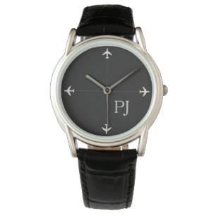Reloj De Pulsera aviones con iniciales, negro elegante