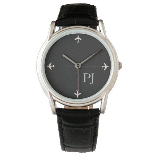 Reloj De Pulsera aviones con iniciales, negro elegante (Anverso)