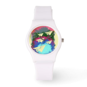 Reloj De Pulsera Aviones de papel y camiseta de humo de colores