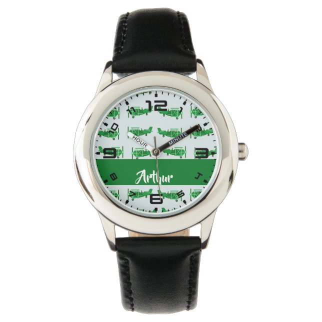Reloj De Pulsera Aviones voladores verdes sobre azul (Anverso)