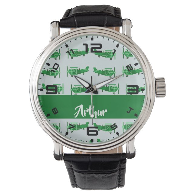 Reloj De Pulsera Aviones voladores verdes sobre azul (Anverso)