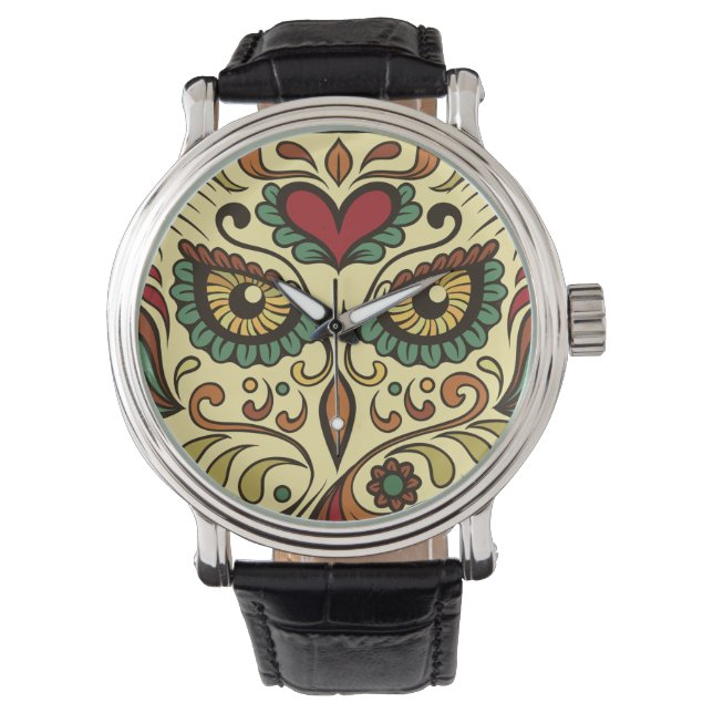 Reloj De Pulsera Azúcar Skull Owl - Tattoo Design (Anverso)