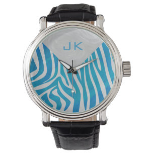 Reloj De Pulsera Azul cebra y blanco con monograma