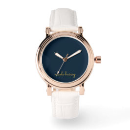 Reloj De Pulsera Azul Marino Dorado Script  | Monograma Moderno Ele