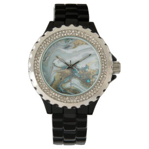 RELOJ DE PULSERA AZUL OPAL MARBLE SPARKLE BLACK BAND WATCH