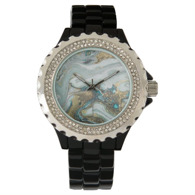 RELOJ DE PULSERA AZUL OPAL MARBLE SPARKLE BLACK BAND WATCH (Anverso)