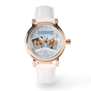 Reloj De Pulsera Azul Personalizado de Encaje Floral Elegante Román