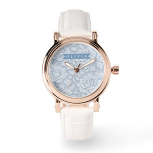 Reloj De Pulsera Azul Personalizado de Encaje Floral Elegante Román