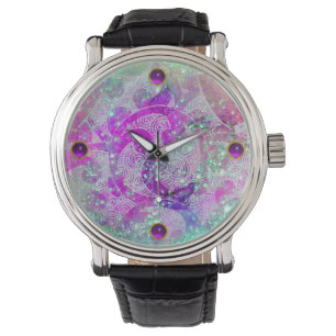 RELOJ DE PULSERA AZUL TEAL ABSTRACTO, ONDAS ROSADAS, DESTELLOS, GEM