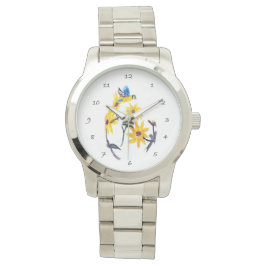 Reloj De Pulsera Azul Tit Amarillo Girasol Arte, Floral