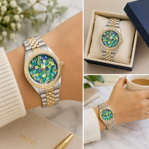 Reloj De Pulsera Azulejos abstractos de Monograma Verde Acuarela Ve