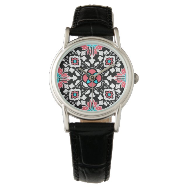 Reloj De Pulsera Azulejos florales marroquíes, negros, blancos y ro (Anverso)