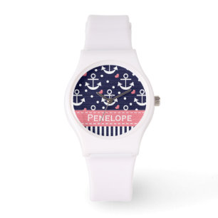Reloj De Pulsera Azules marinos personalizados y ancla rosada