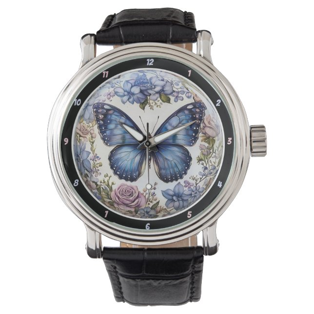 Reloj De Pulsera Azure Bloom" - Blue Butterfly Floral (Anverso)