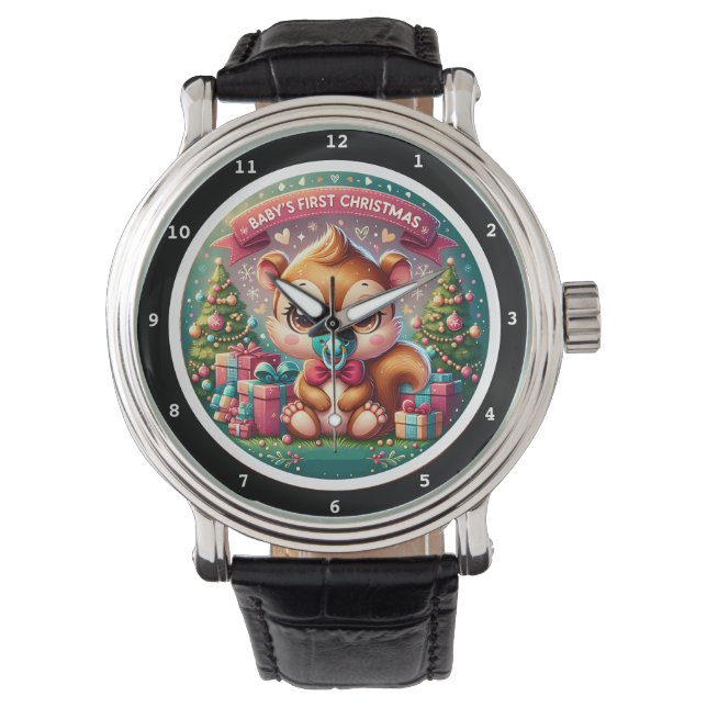 Reloj De Pulsera Baby's First Christmas Squirrel on a Decorative  (Anverso)
