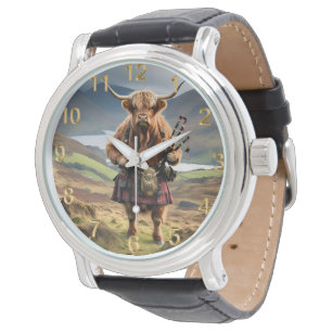 Reloj De Pulsera Bagpiper de vaca de la región montañosa de Escocia