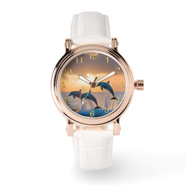 Reloj De Pulsera Bailando en el atardecer: Tres delfines saltando (Anverso)