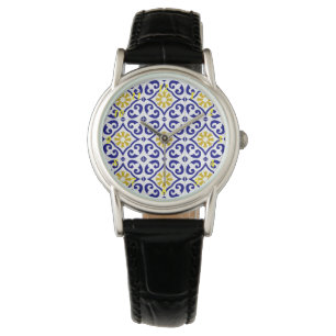 Reloj De Pulsera Baldosas portuguesas Azulejos Floral Elegante Azul