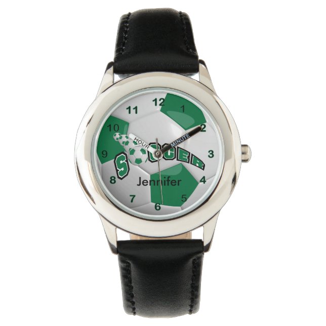 Reloj De Pulsera Balón deportivo de fútbol verde oscuro | Nombre DI (Anverso)