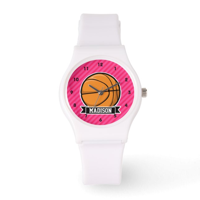 Reloj De Pulsera Baloncesto en franjas rosadas, a rayas (Anverso)
