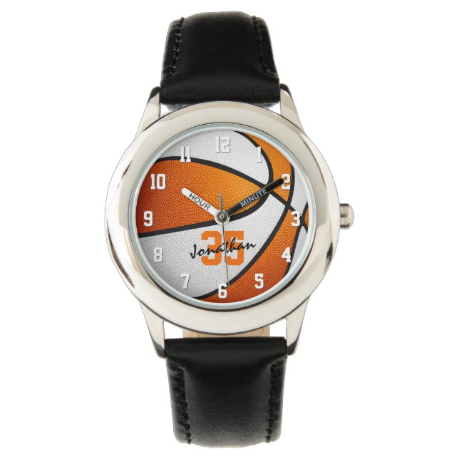 Reloj De Pulsera baloncesto personalizado blanco naranja (Anverso)
