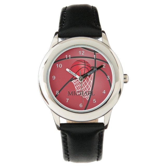 Reloj De Pulsera Baloncesto rojo deportivo | Nombre DIY (Anverso)